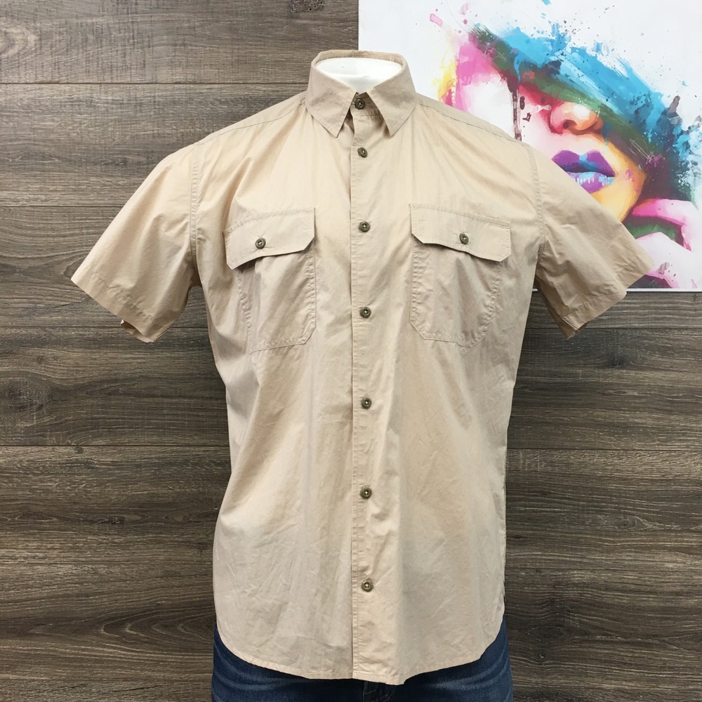 Taylor Stitch Mens Beige Short Sleeve Button Up Shirt 44 Organic Cotton Casual